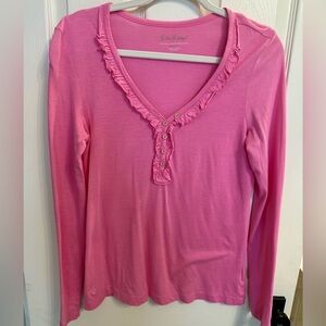 Lilly Pulitzer Vibrant Pink Ruffle V-Neck Long Sleeved Top EUC Size M